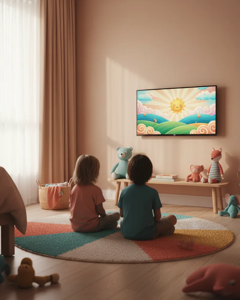 Gemütliches Kinderzimmer mit Kindern vor einem Smart-TV