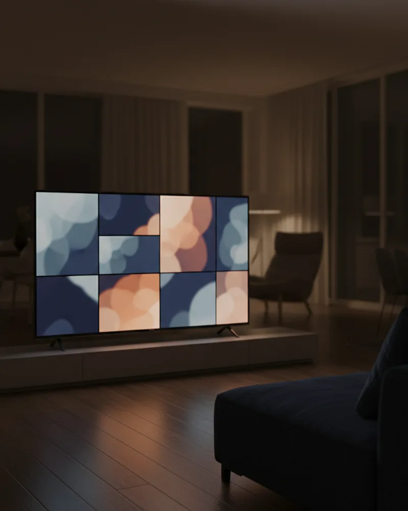Modernes Wohnzimmer bei Nacht mit Smart-TV und Serienübersicht