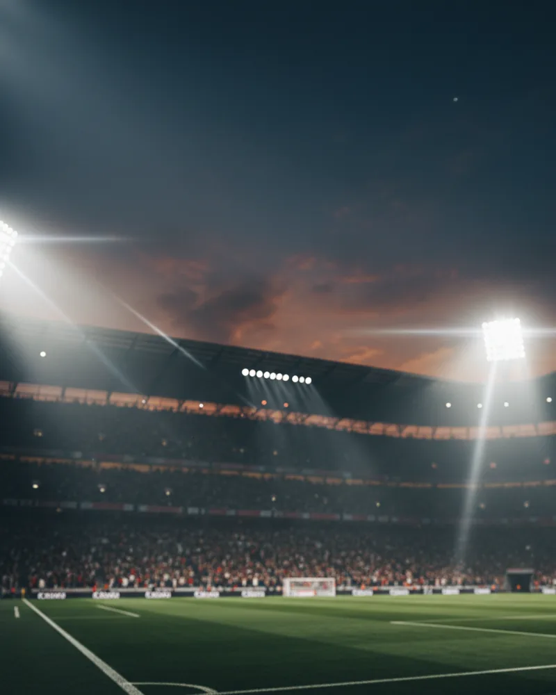 Fußballstadion bei Nacht mit Flutlicht und vollen Rängen