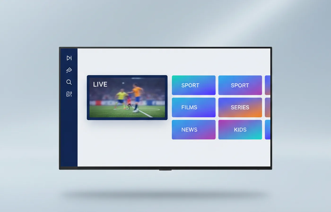 IPTV Anbieter Deutschland — IPTV Klar App-Oberfläche mit Live-Sport und Filmen